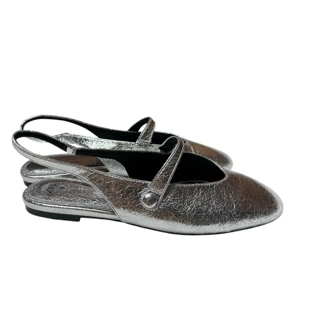 Zara Silver Metallic Mary Jane Slingback Ballet Flats Size 39/8 - Picture 4 of 12